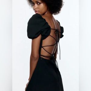 NWT Zara Black Linen Dress with Criss Crossed Tied Back / Size S